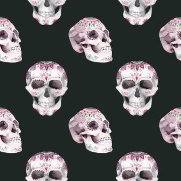 Human watercolor skull seamless pattern. Mexican Day of the dead. Tropic Head Stock Illustration
