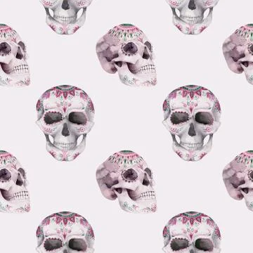Human watercolor skull seamless pattern. Mexican Day of the dead. Tropic Head Stock Illustration