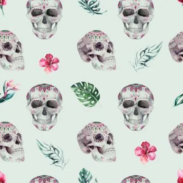 Human watercolor skull seamless pattern. Mexican Day of the dead. Tropic Head Stock Illustration