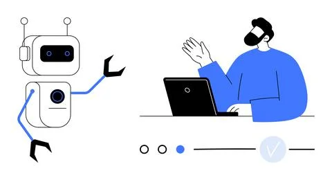 Human waves at AI robot while working on laptop. Interaction highlights man-m Stockillustratie