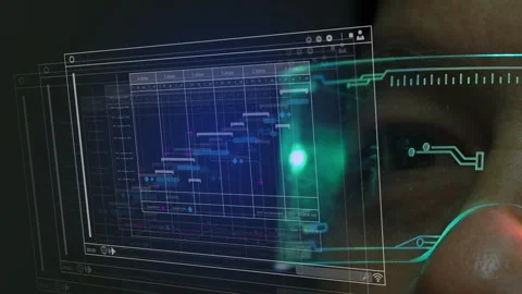 Human wearing glasses with advanced tech. Futuristic technology, hud Stock Footage 246799821