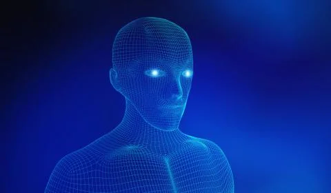 Human. Wireframe model with connection lines on blue background, artificial i イラスト素材