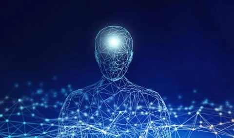 Human. Wireframe model with connection lines on blue background, artificial i イラスト素材