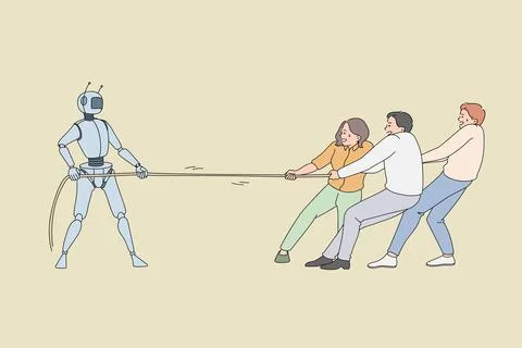 Human workers pulling the rope against robotic worker. Stock Illustration