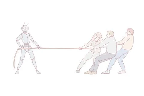 Human workers pulling the rope against robotic worker. Illustrazione stock