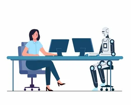 Human working with a Artificial intelligence robot together digital technology	 Stock Illustration