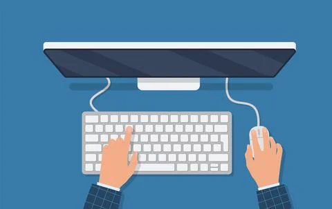 Human working on the computer. Hands on the keyboard and mouse. Programmer, b Stock-Illustration