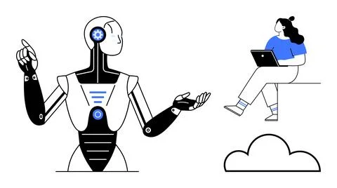 Human working on a laptop, engaging with a robot in a tech-oriented interacti Stock Illustration