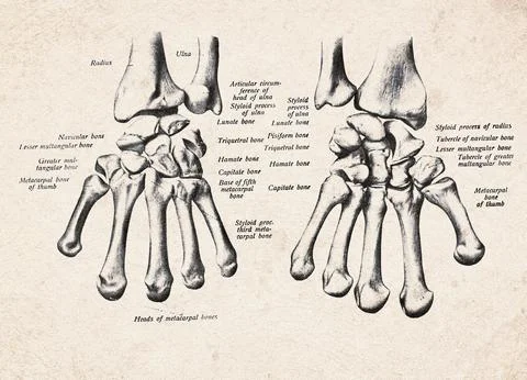 Human Wrist And Hand Bones Dorsal And Volar View Vintage Anatomy Illustration Stockillustratie