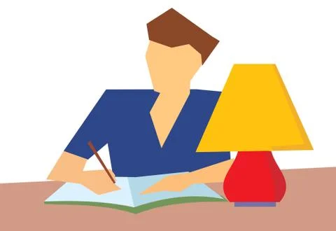 Human writing in a book, table with a table lamp Stock Illustration