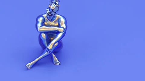 Human young elegant posing figure, sitting iridescent metal tired stressed man Stock Footage 180646334