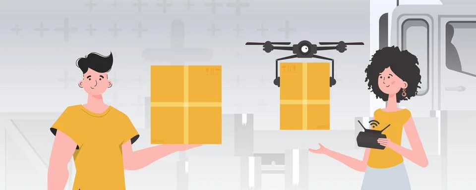 Humanitarian aid concept. The drone is transporting the parcel. Man and woman Stock Illustration