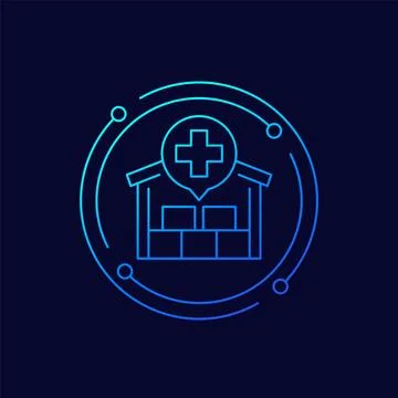Humanitarian aid icon with warehouse, linear design Stock Illustration