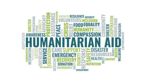Humanitarian Aid Word Cloud Collage with Compassion Support and Emergency Ter Stock Illustration