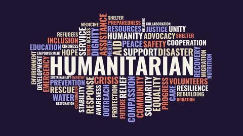 Humanitarian Aid Word Cloud Design with Crisis Relief Disaster Response and.. Stock Illustration