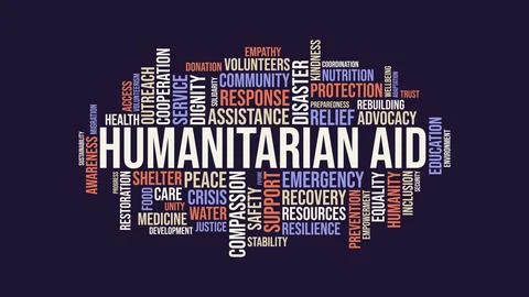 Humanitarian Aid Word Cloud Design with Charity Crisis Response and Communi.. Stock-Illustration