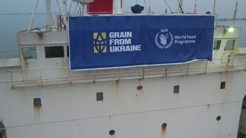 Humanitarian food program. Loading of Ukrainian grain to bulker ship. 3 in 1 Video stock 244743376
