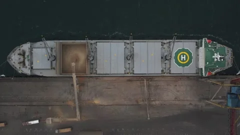 Humanitarian food program. Loading of Ukrainian grain to bulker ship. Aerial Video stock 244743479