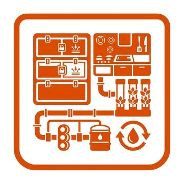 Humanitarian habitat systems icon with kitchen, storage, and water recycling. Stock Illustration