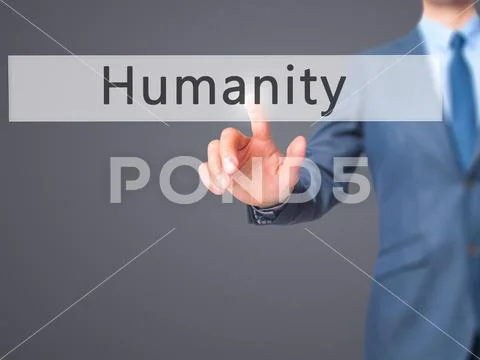 Humanity - Businessman hand pressing button on touch screen inte Stock Photos