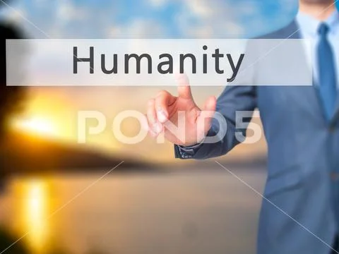 Humanity - Businessman hand pressing button on touch screen inte Stock Photos