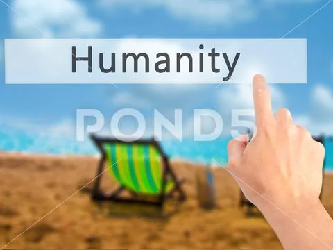 Humanity - Hand pressing a button on blurred background concept Stock Photos