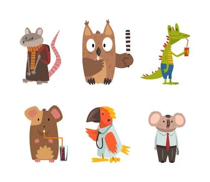 Humanized Animals of Different Professions and Wearing Clothes Vector Set Stock Illustration