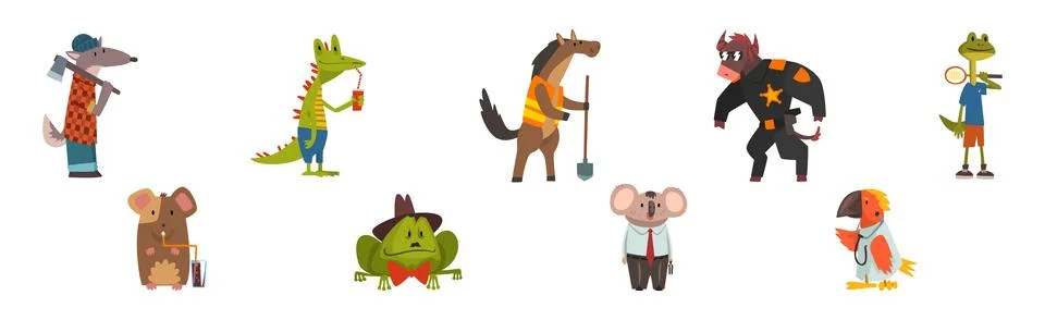 Humanized Animals of Different Professions and Wear Clothing Vector Set Stockillustratie
