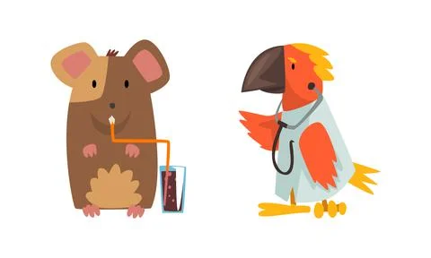 Humanized Animals of Different Professions with Parrot Doctor with Stethoscope イラスト素材