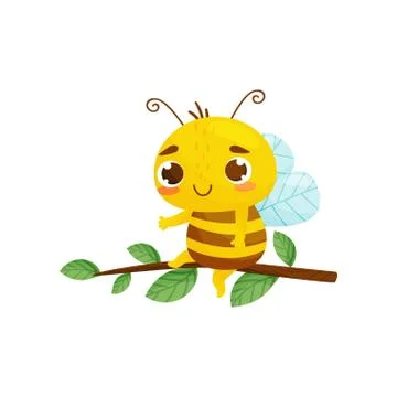 Humanized bee sits on a tree branch. Cartoon style. Vector illustration. Illustrazione stock