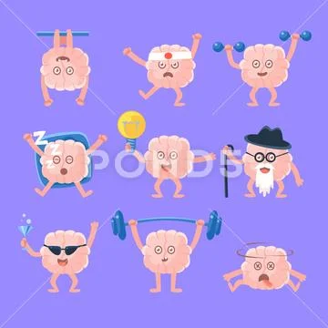 Humanized Brain Doing Different Activities Set Of Intellect Human Organ Cartoon Stock Illustration