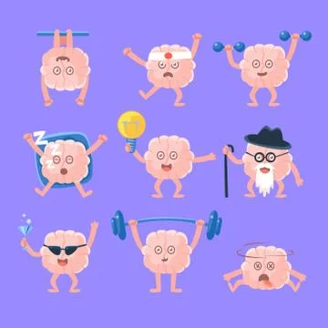 Humanized Brain Doing Different Activities Set Of Intellect Human Organ Cartoon Stock Illustration