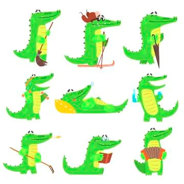 Humanized Crocodile Character Every Day Activities Set Of Illustrations Stock Illustration