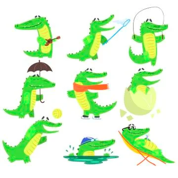 Humanized Crocodile Character Every Day Activities Collection Of Illustrations Stock Illustration
