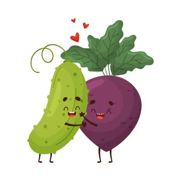 Humanized cucumber and beetroot hug. Vector illustration. イラスト素材
