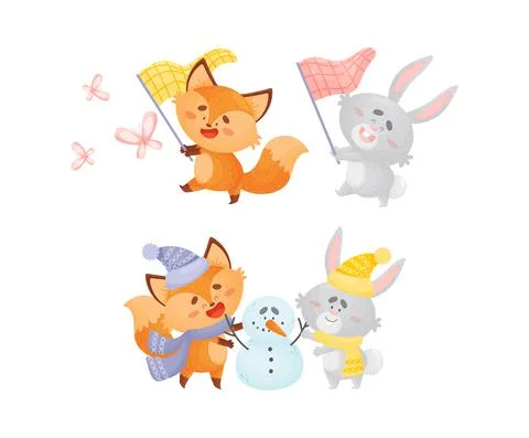 Humanized Fox and Hare Engaged in Different Activity Building Snowman and Stock Illustration