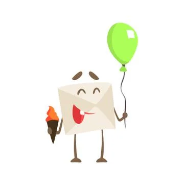 Humanized Letter Paper Envelop Holding Balloon And Ice-Cream Cartoon Character Stock Illustration