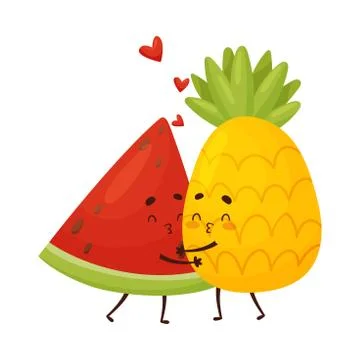 Humanized slice of watermelon and pineapple are hugged. Vector illustration on a 스톡 일러스트