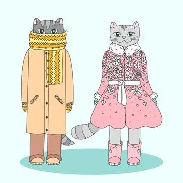 Humanized winter cats. Two cute cartoon kitties dressed in warm clothes. Vector Ilustración de archivo