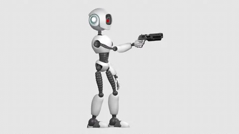 A humanoid aggressive robot with a weapon in his hands goes and shoots. Vídeos de archivo 142876702