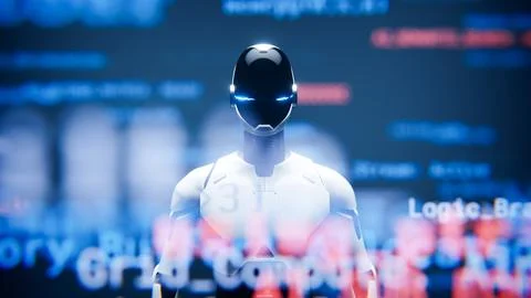 Humanoid AI robot assistant behind blurred data interface background. Stock Illustration