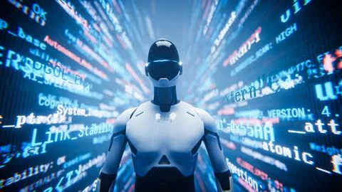 Humanoid AI robot assistant in bright coding tunnel background. Stock-Illustration