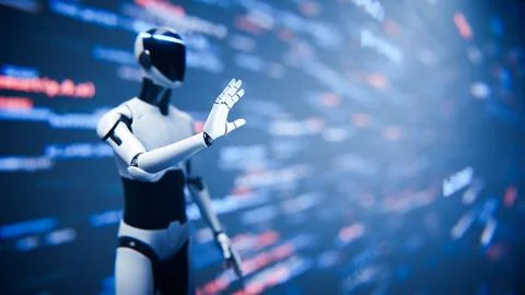 Humanoid AI robot assistant gesturing toward digital code background. Stock-Illustration