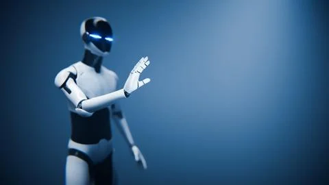Humanoid AI robot assistant gesturing on clean blue background. Stock Illustration