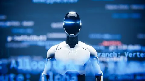 Humanoid AI robot assistant with glowing code overlay background. Stock-Illustration
