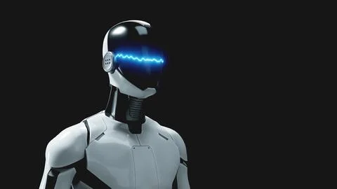 Humanoid AI robot assistant with glowing visor on dark background. Stock Illustration