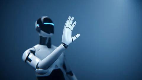 Humanoid AI robot assistant reaching toward blue empty space. Stockillustratie