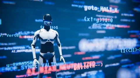 Humanoid AI robot assistant standing inside digital code background. Stock Illustration
