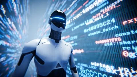 Humanoid AI robot assistant surrounded by glowing code background. Stock Illustration