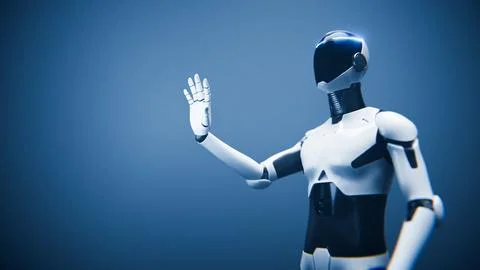 Humanoid AI robot assistant touching invisible interface on blue background. Stock Illustration